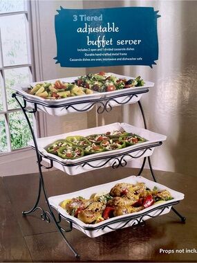 3-Tier Adjustable Buffet Server - White Ceramic Trays with Black Metal Frame